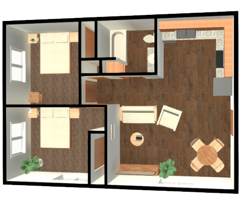 Floor plan for 2 beds, 1 bath, 745 sqft